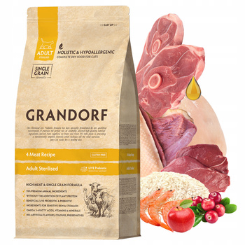 GRANDORF STERILIZED Adult Karma sucha dla kota 4 meat 400g Bezzbożowa