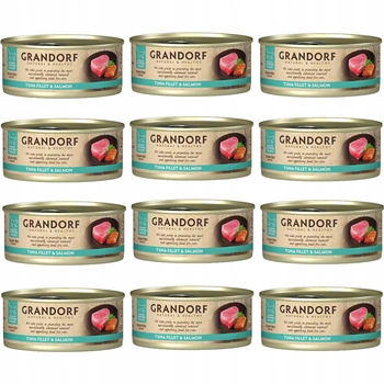 GRANDORF zdrowa karma mokra dla kota Tuńczyk Łosoś 12 x 70g Bezzbożowa