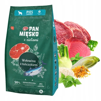 Pan Mięsko karma dla psa sucha z ziołami 9 kg Wołowina Tuńczyk 