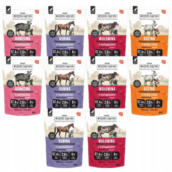 WIEJSKA ZAGRODA Monobiałkowa mokra karma dla psa mix smaków 10 x 500g