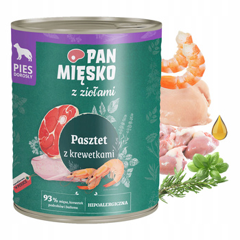 PAN MIĘSKO z Ziołami Karma mokra dla psa Pasztet Krewetki 800g