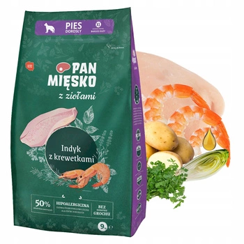 PAN MIĘSKO z Ziołami Karma sucha dla psa Indyk Krewetki CHRUPKI XL 9kg