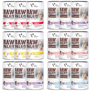 Raw Paleo Adult Karma mokra dla psa MONO mix smaków 18 x 400g Bezzbożowa