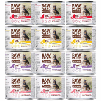 RAW PALEO Duoprotein Mix Smaków karma dla psa mokra 12 x 200g bezzbożowa